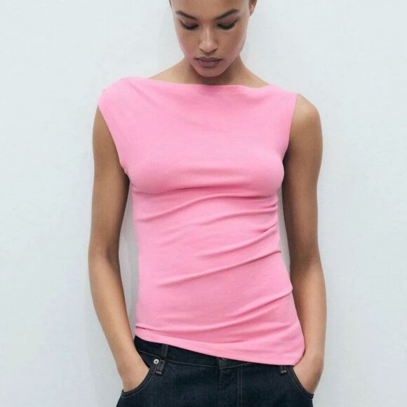 Mango Pink Off the Shoulder Ruched Asymmetrical Top Size L New with tags - Picture 1 of 6